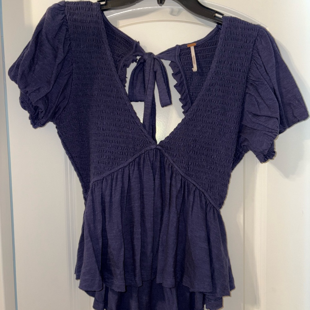 Free People Navy Blue Smocked Women's Top
